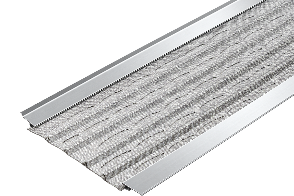 A Gutter Proof panel: extruded aluminum frame rails either side of a stainless steel micro-mesh field